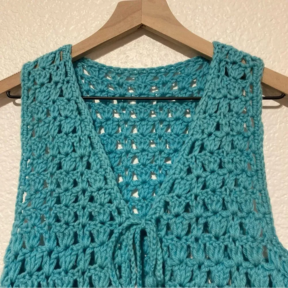 Vintage Handmade Open Sweater Vest Tie Front Knitted Small